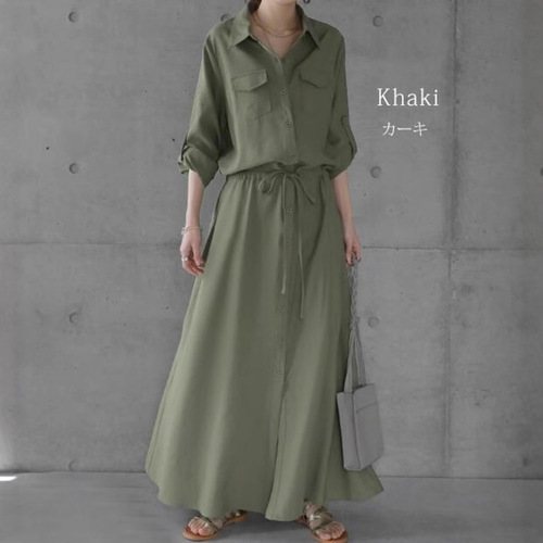 Autumn new arrival Japanese-style pocket long-sleeved mid-length casual lapel dress, patchwork shirt dress
