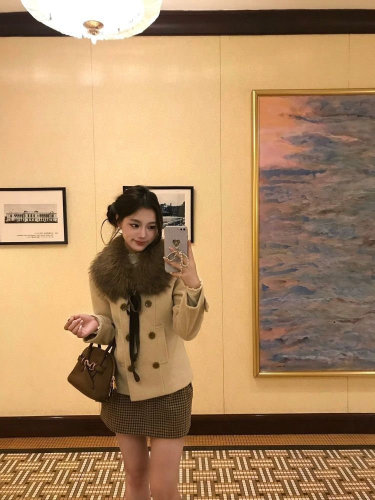 秋季韩系氛围感气质套装裙双排扣保暖毛呢外套+格子纯欲包臀半裙