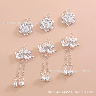 足银999荷花莲花两世欢吊坠流苏六瓣花3D硬银纯银diy编绳配件
