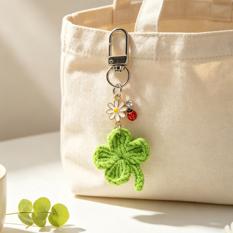 New cross-border product: Hand-knitted four-leaf clover and ladybug keychain, simple lucky clover knitted pendant, small cross-border gift New cross-border product: Hand-knitted four-leaf clover and ladybug keychain, simple lucky clover knitted pendant, small cross-border gift