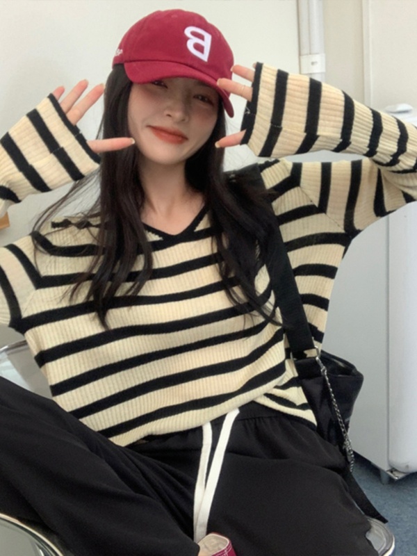 别致小V领法式气质长袖T恤女坑条螺纹春秋冬季撞色条纹打底衫上衣|undefined