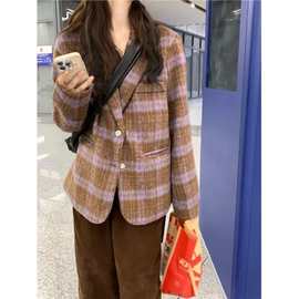 高级感复古格子夹棉毛呢外套女秋冬2023新款时尚宽松中长款上衣潮