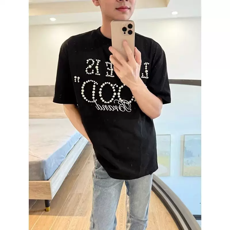 hiphop美式潮牌t恤男夏季小众设计感珍珠标语短袖正肩情侣五分袖