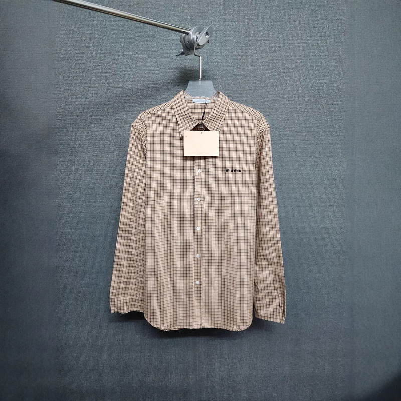 High Version M1U Plaid Letter Embroidered Shirt MM Home Plaid Fresh All-match Simple Long Sleeve Shirt Trendy for Men and Women