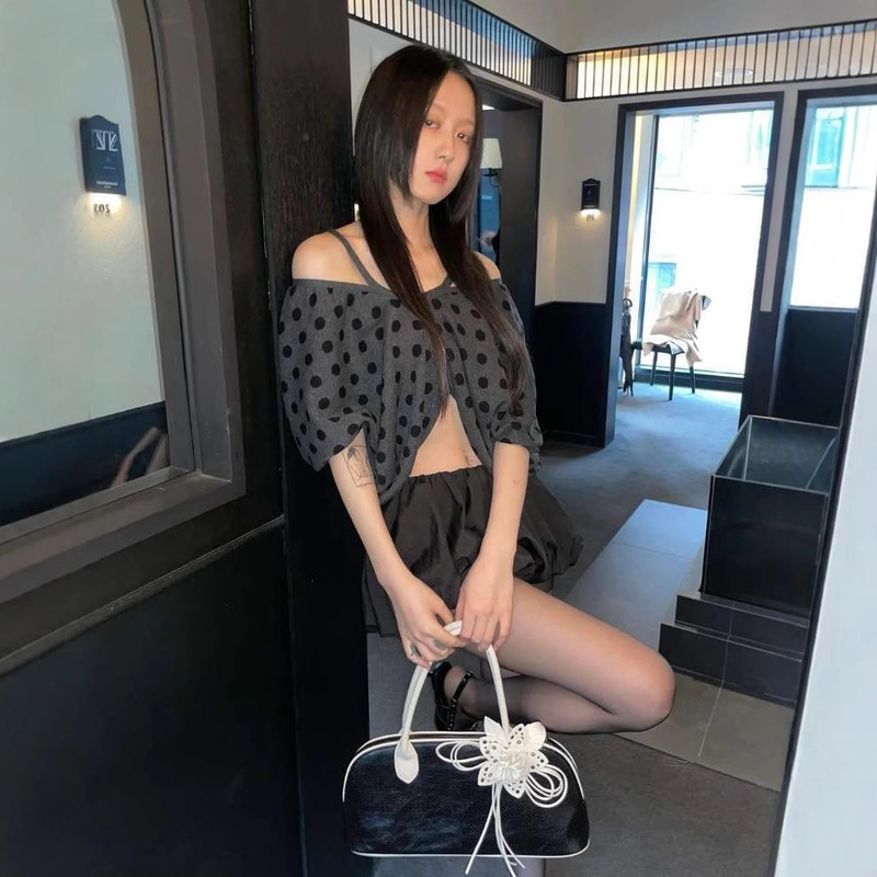 韩国小众  安宥真 EllaGross同款 泡泡袖波点露脐针织开衫女|undefined