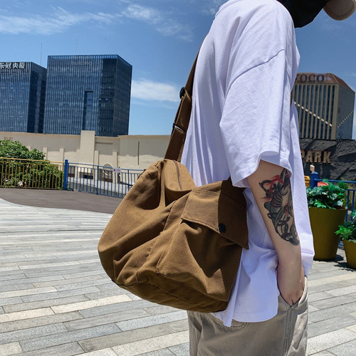 Summer Ins Canvas Bag Japanese and Korean style literary style male student solid color shoulder bag Harajuku crossbody cloth bag
