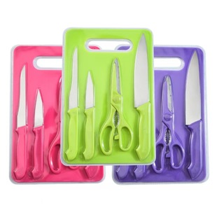 in stock Household Multifunctional Stainless Steel Fruit Knife Five-piece Suction Card Packaging Kitchen Knife Scissors Melon Planer with Cutting Board Color