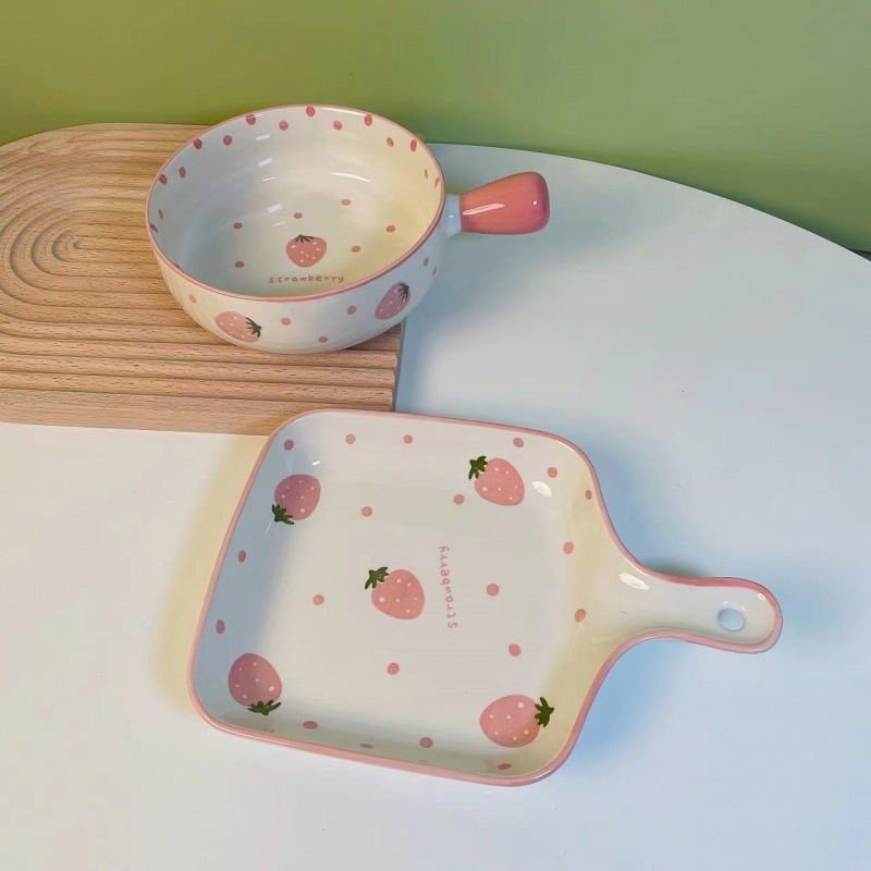草莓碗烤盘风餐具陶瓷盘微波炉用网红手绘手柄+手柄盘速卖通跨境