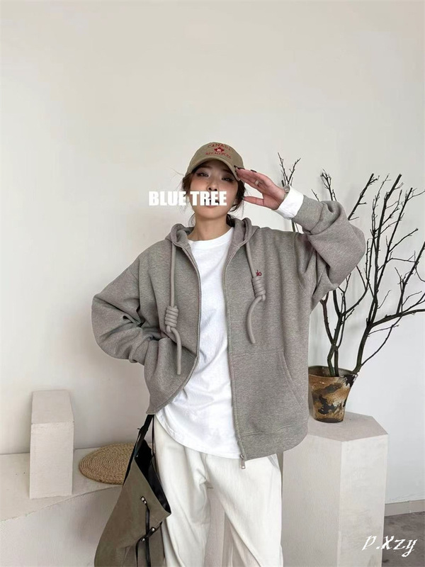 012 BLUE TREE蓝树正品秋季新款慵懒风刺绣字母开衫外套女式帽衫|undefined