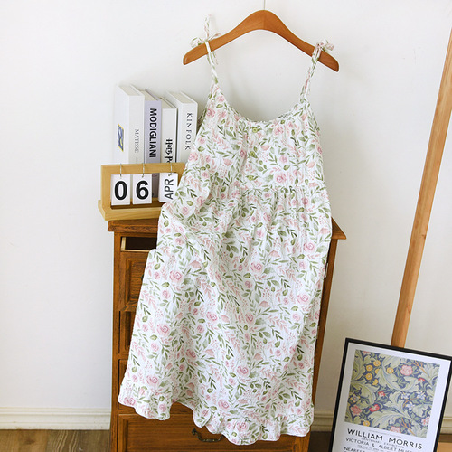 Cotton gauze nightdress, women's summer student dormitory pullover dress, comfortable and breathable, can be worn out, long summer nightgown, women's summer