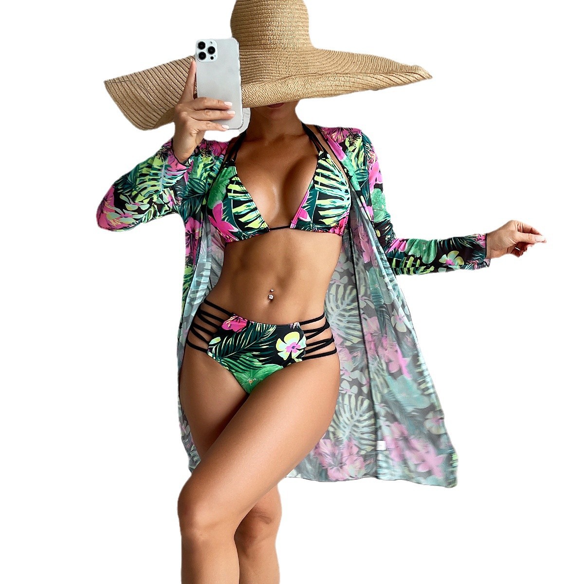 Mingyi 2024 nueva impresión europea y americana multicolor moda sexy bikini tres piezas traje de baño de mujer