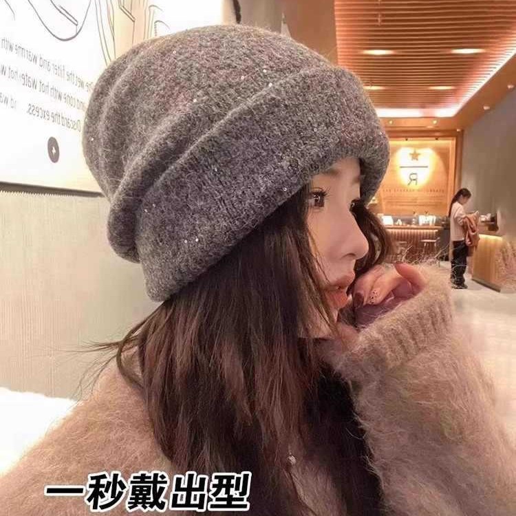 帽子秋冬女款时尚百搭慵懒风亮片堆堆帽大头围显脸小针织护耳冷帽|undefined