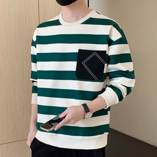 2025 Hong Kong style new style young men's fashion brand striped hoodie men's round collar loose bottomed shirt in spring and autumn