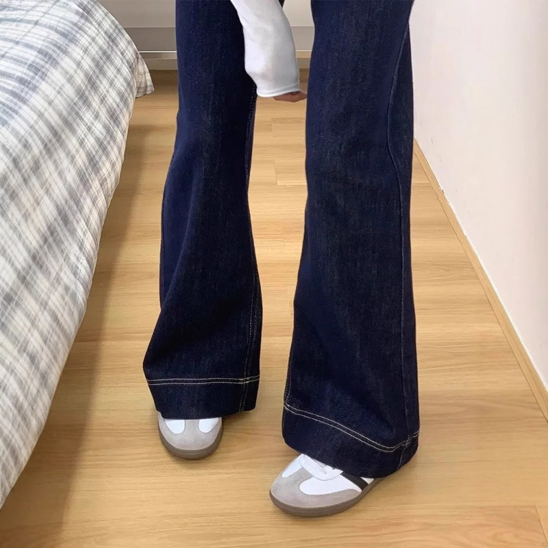 【韩牛】深蓝色新款冬季高腰宽松直筒百搭显瘦阔腿微喇牛仔裤女|undefined