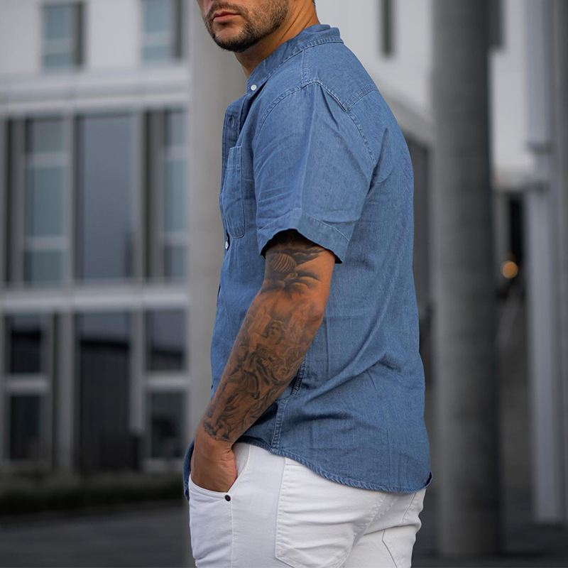 Herren Kurzarm Denim Hemd Einfarbig Locker Geschnitten_voghion.com