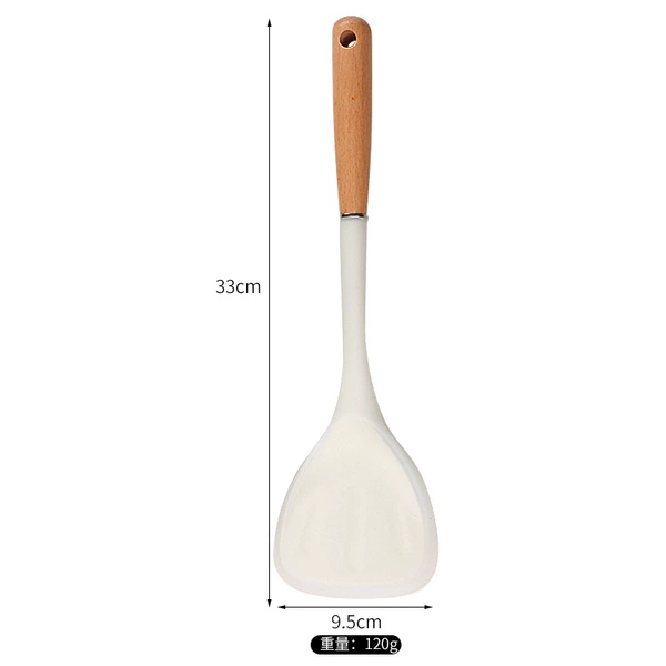 Semi-transparent white silicone frying spatula with wooden handle