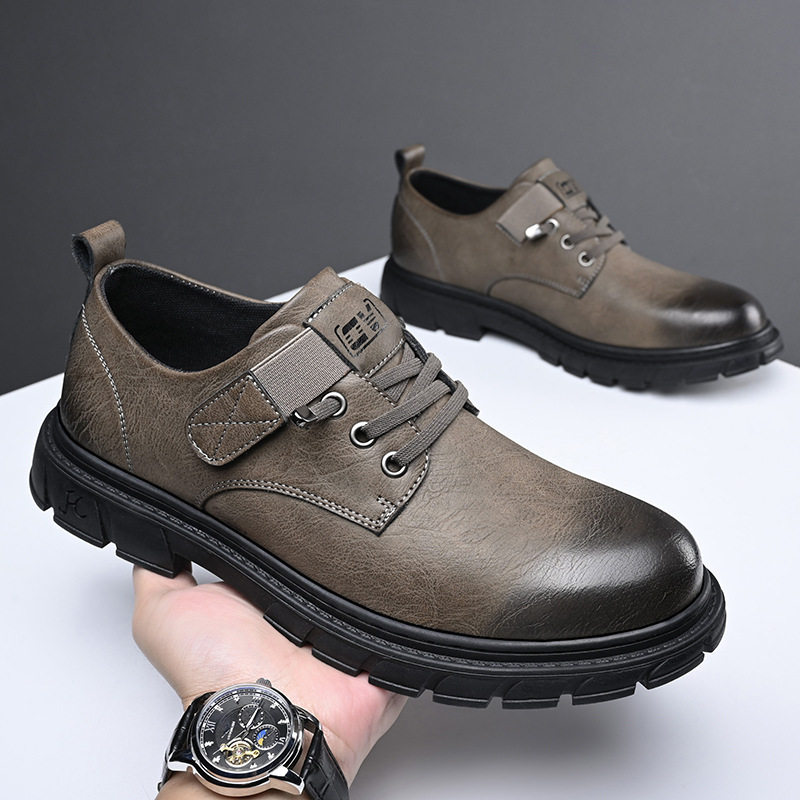 Giày lười nam da PU cổ thấp mũi tròn chống trơn trượt phong cách retro, đế cao su — 6568 kaki, 6568 kaki tăng chiều cao, 6568 đen, 6568 đen tăng chiều cao bên trong