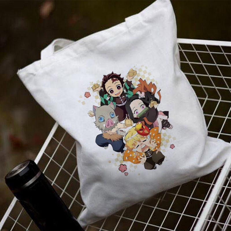 亚马逊热销卡哇伊动漫鬼灭之刃印花手提学生单肩帆布拎书包购物袋