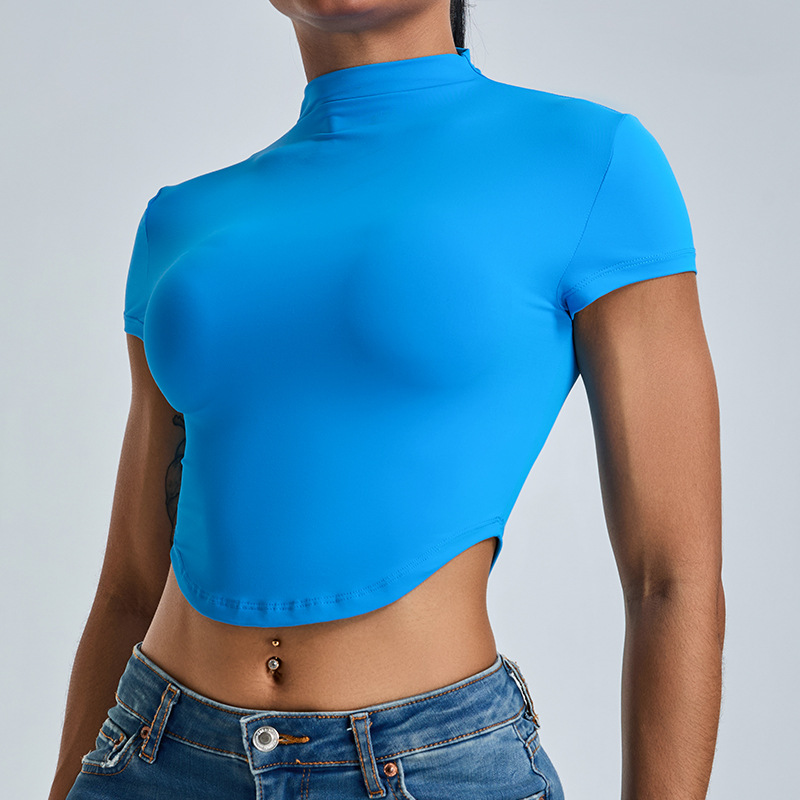 Cross-border nueva ropa de yoga delgada y delgada rápida secado universal de cuello alto chaqueta deportiva running camiseta deportiva mangas cortas