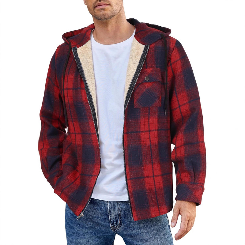 European and American Flannel Men's Jacket 2024 New Amazon Long Sleeve Hooded fleece-lined Warm Casual Men's Jacket