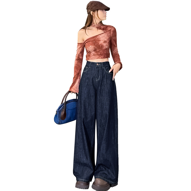 다크 블루 빈티지 기모 청바지 여성의 가을과 겨울 새로운 높은 허리 슬리밍 넓은 다리 바지 살포 덮음 벨리 올 매치 걸레 바지