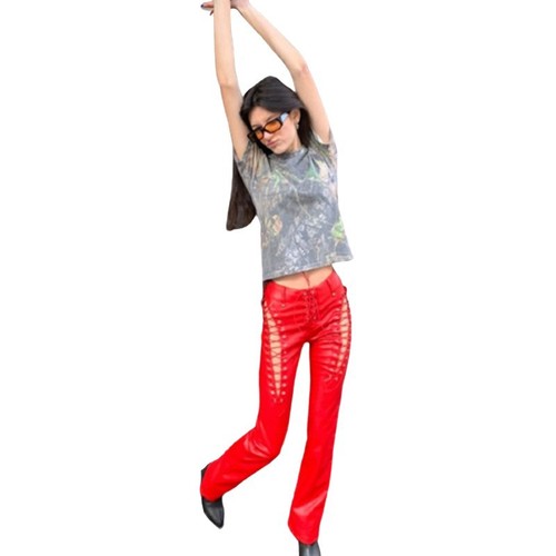 Eurasian 2025 Summer Fashion Trend Women's High-Waisted Hollowed Belted Straight Leg Tied Ankle Slimming Leather Pants