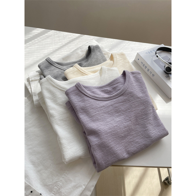 質感〜女性用ショートスリーブTシャツ！夏万能無地着痩せショートラウンドネックショルダートップTシャツ|undefined