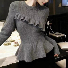灰色半高领荷叶边针织衫女2025秋季新款设计小众修身显瘦长袖上衣