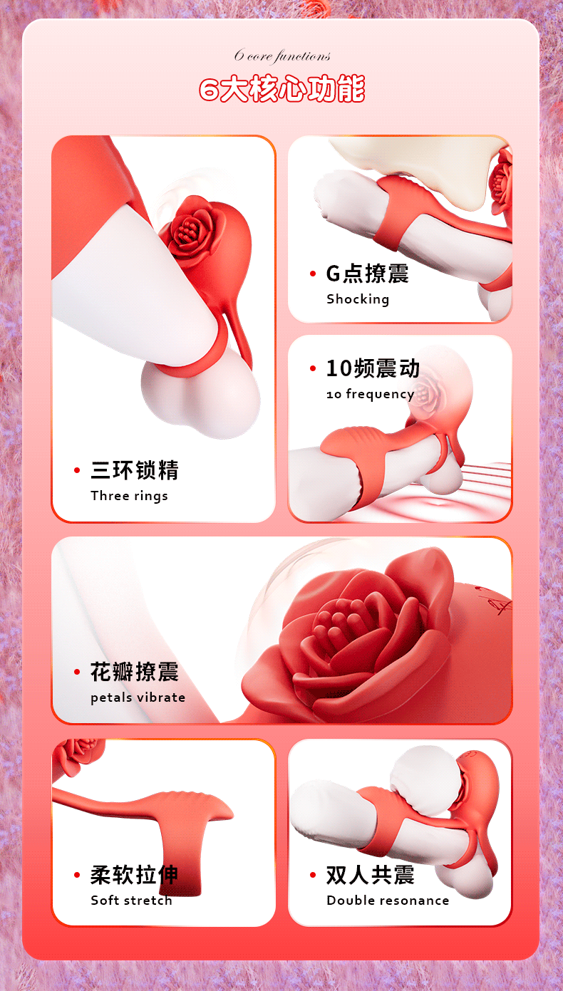 Rose Dual-Ring Vibrating Penis Ring with Remote, 10-Frequency Prostate Massager — detail image 2
