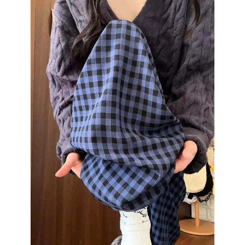 Темно-синие клетчатые брюки для женщин, свободные прямые брюки лета 2025, новые повседневные драпированные миниатюрные широкие брюки с высокой талией