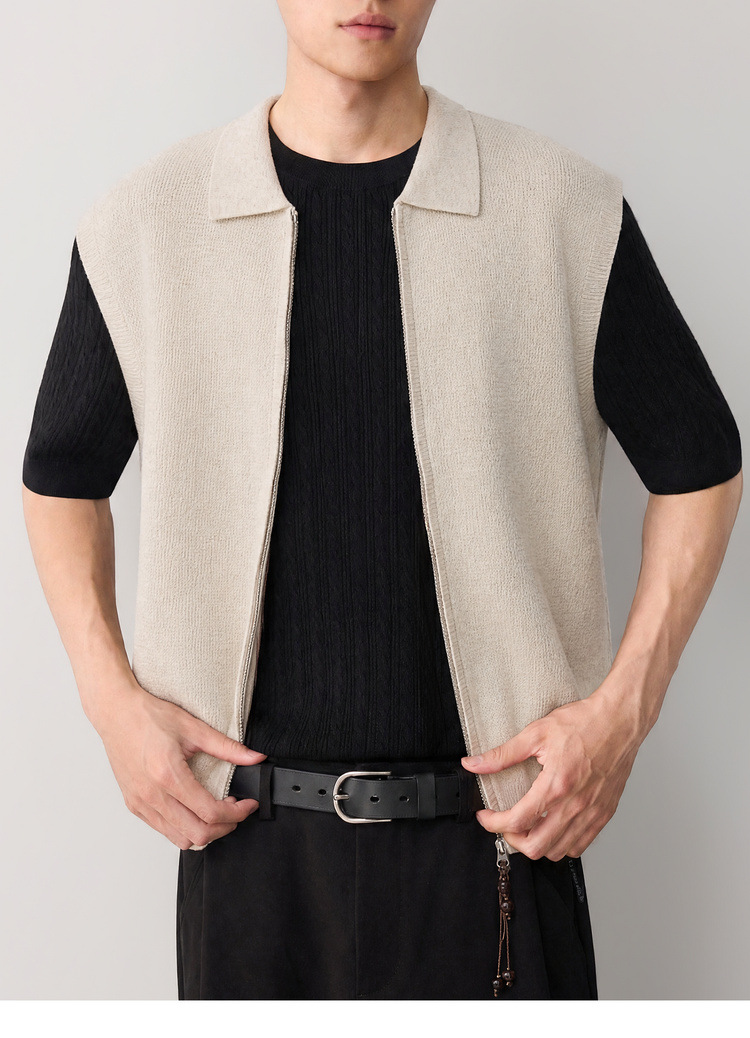 Áo gile len nam pha linen dáng cardigan khóa kéo phong cách công sở — đen chi tiết 19
