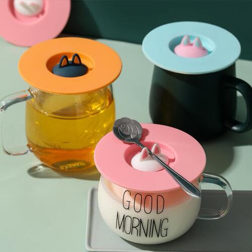 Silicone cup lid, cute kitten ears mug lid, can hold spoon, Japanese and Korean color universal water cup lid sold separately