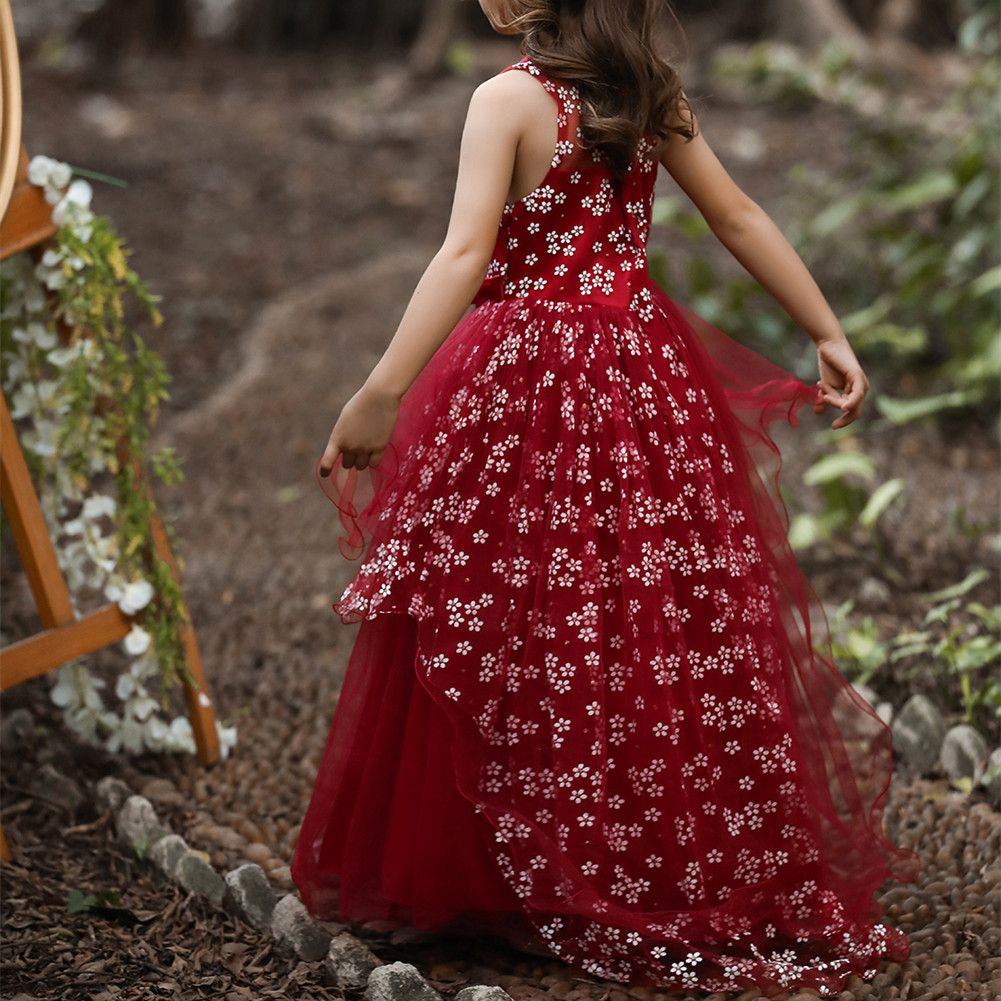 跨境专供亚马逊女童公主裙花童婚纱礼服女孩蝴蝶结小拖尾连衣裙