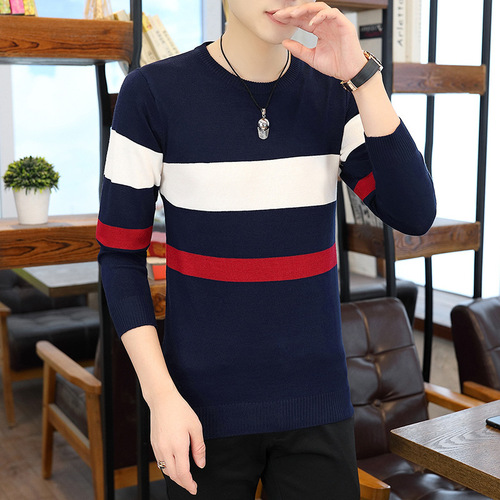 Men's Autumn Hooded Crew Neck Striped Color-blocked Long Sleeve Knit Sweater for Youthful Men Casual Sweatshirt