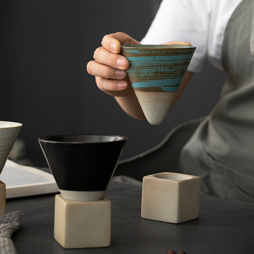 亚马逊爆品陶瓷浓缩咖啡杯创意手工描釉茶杯带底座粗陶个人水杯