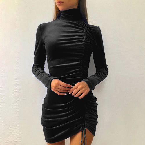 2022 European and American Autumn and Winter Suede Drawstring High Neck Dress Women's Autumn Fashion Long Sleeve Tight Hip Cover Dress Skirt