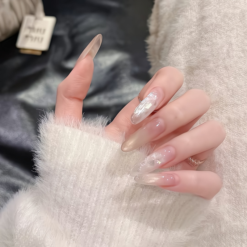 【Ling Luo Original】French-Style Icy Translucent Vibe Nude Pink Cat-Eye Acetate Nail Polish That Enhances Complexion and Is Gentle, Handmade Wearable Nails