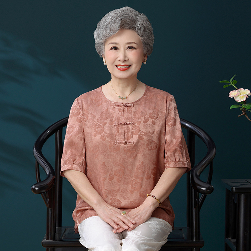 Summer Clothing for the Elderly, Women's Short-Sleeved T-Shirts, Grandma Suits, Mom Outfits, Summer Ice Silk Tops, Clothes for 70-Year-Old Women