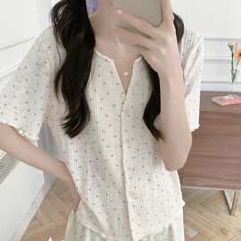 甜美针织坑条小碎花V领短袖短裤睡衣夏季新款少女舒适家居服套装