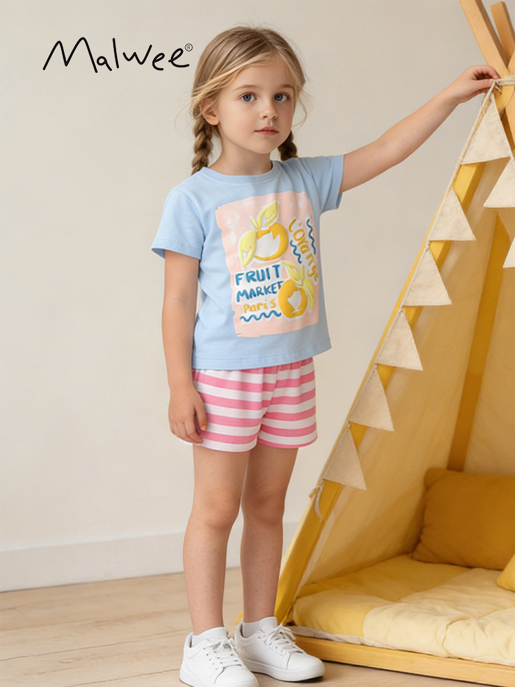 Trajes de niñas malwee transfronterizos de verano nuevos pantalones a rayas de manga corta para niños europeos y estadounidenses