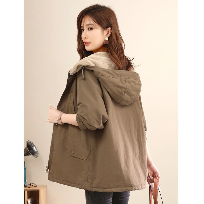 Parker Clothing Women's 2022 New Winter Loose Casual Hood Plus Velvet Thickened Jacket Long Cotton-padded Clothes