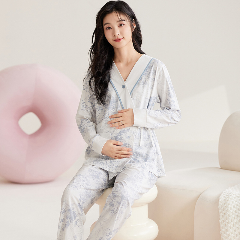 婧麒月子服十月份产后纯棉哺乳睡衣怀孕期孕妇斜襟喂奶家居服套装|undefined