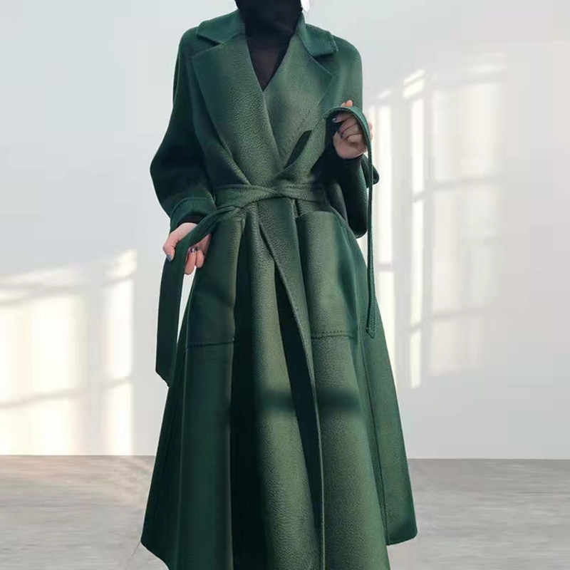 High-end water ripple double-sided cashmere coat women's long elegant suit collar knee-length bathrobe wool double-sided tweed