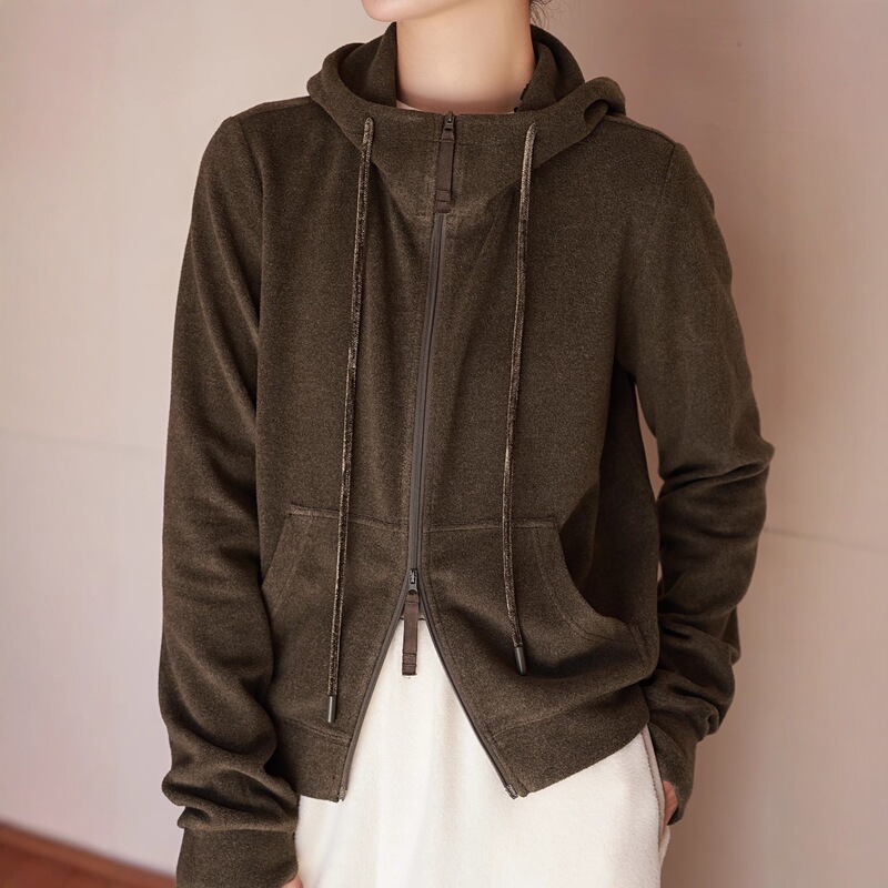 2025 Winter Cotton Blend German Velvet Soft Slimming Look Hooded Stand Collar Short Double Zipper Cardigan Sweatshirt Jacket
