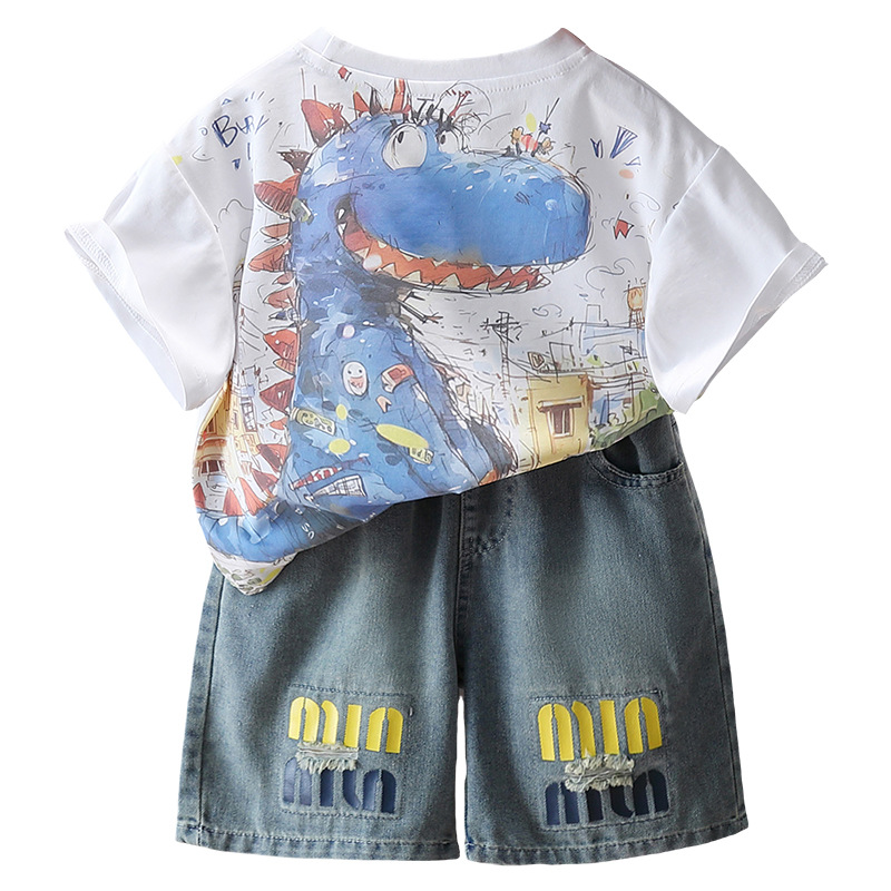 7327 Traje de camiseta de dinosaurio para niños 2025 Nuevo estilo de verano de manga corta para niños guapos Juego de dos piezas de celebridades de Internet Verano 6