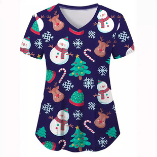 Women's Shoulder Pullover Short-sleeved V-neck Slim-fit Double Patch Pocket Medical Care Suit Christmas Elk Snowman 3D Print