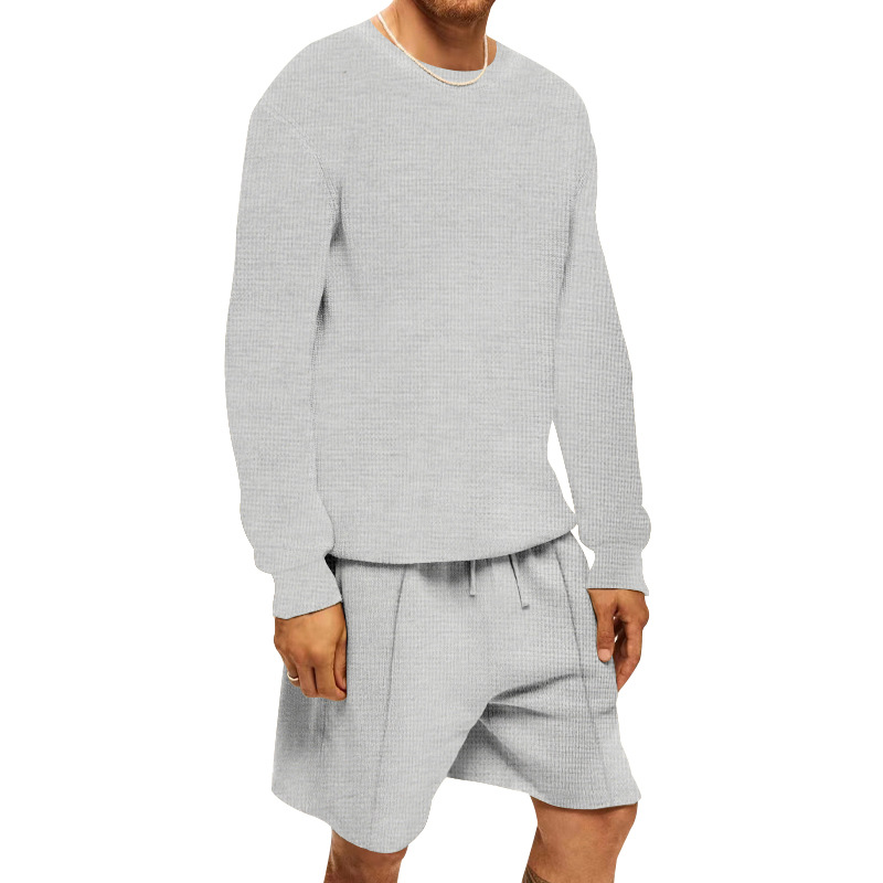 Estación independiente Camiseta europea y americana de manga larga de gofres verano traje deportivo casual de los hombres pantalones cortos de manga larga conjunto de dos piezas de los hombres