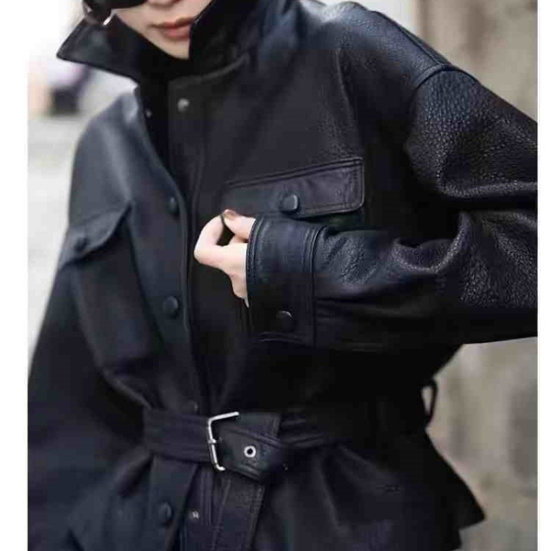 欧洲站2025春装欧货时尚翻领单排扣系腰带设计洋气皮衣外套女|undefined