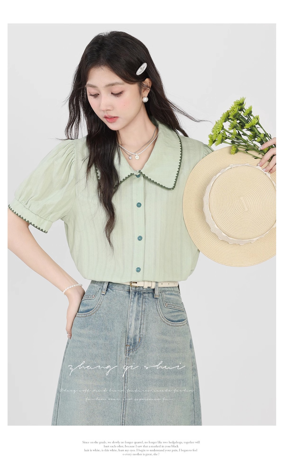 Áo sơ mi nữ cotton ngắn tay cổ búp bê xanh nhạt phong cách mới mùa hè — Màu xanh lục nhạt chi tiết 8
