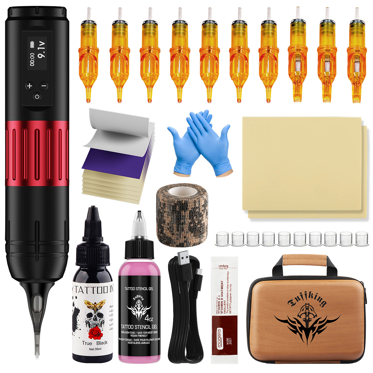 Set de máquina de tatuaje para principiantes, conjunto completo de herramientas de tatuaje para principiantes, dragón amarilla, línea de corte, niebla, aguja transfronteriza